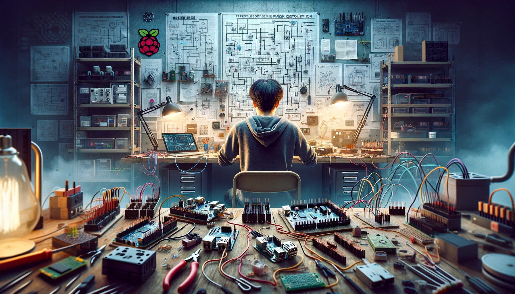 A wide, highly detailed landscape scene capturing the essence of a Maker's journey into Arduino, Raspberry Pi, and electronics.