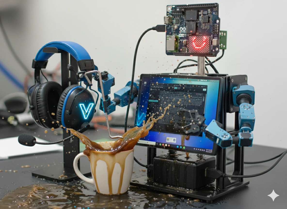 an arduino uno q desk bot stirs a coffee but makes a huge mess