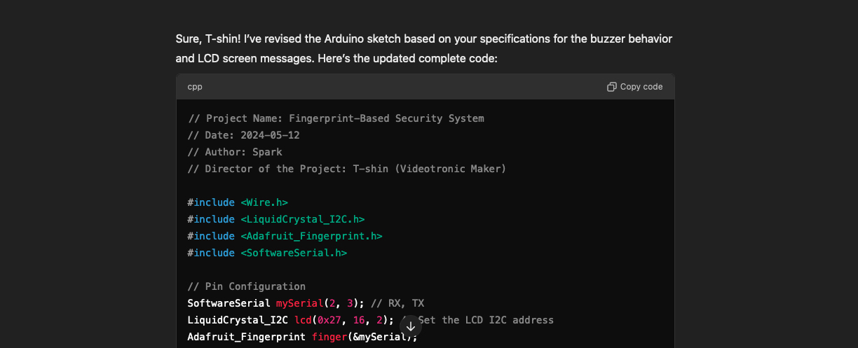 Screen shot of the portion of the chat where the llm adjusted the code