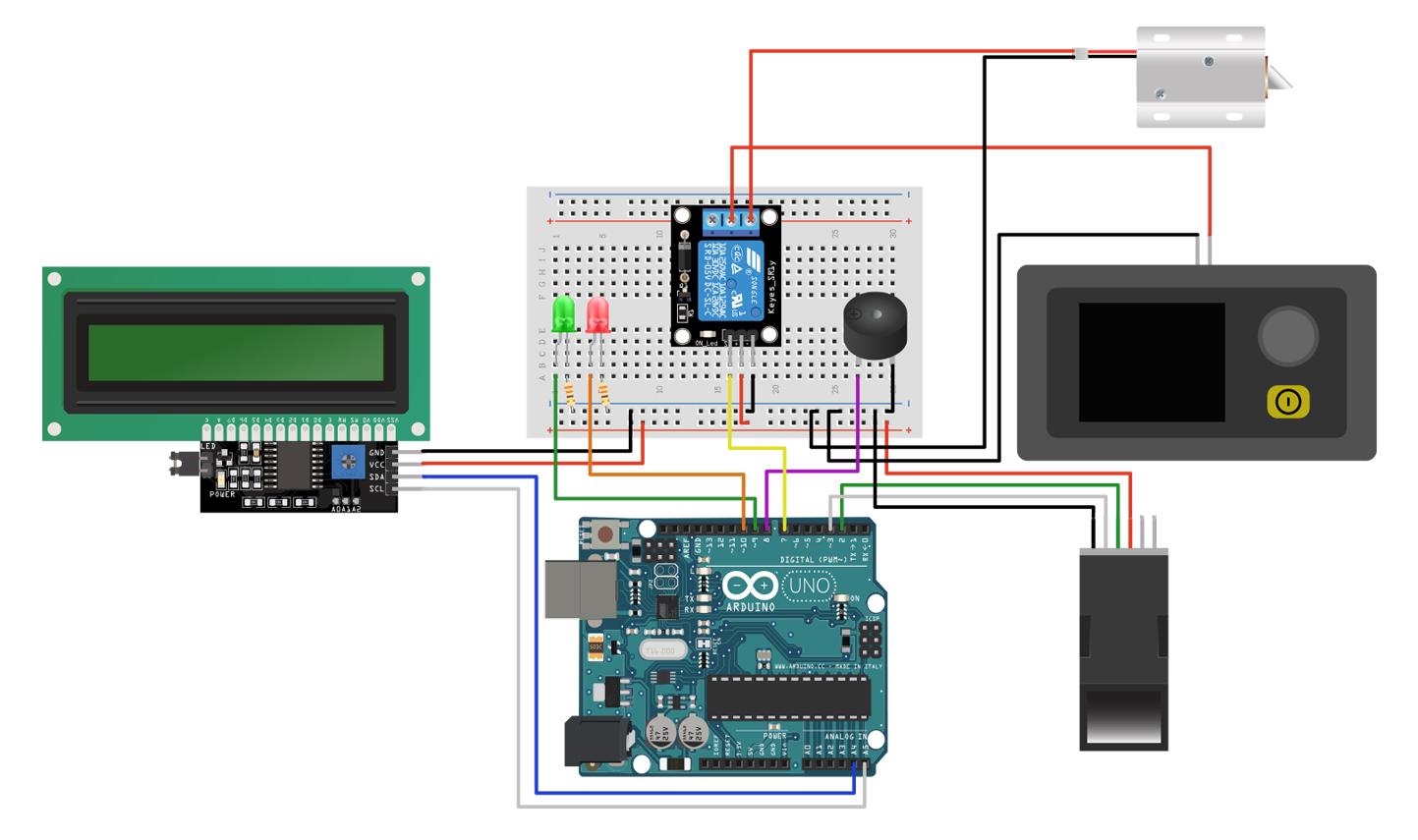 Hardware Wiring Layout for Arduino Fingerprint Sensor and Solenoid Lock